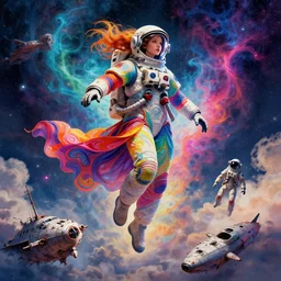 over the cloud there is a cosmic girl, she isColorful astronaut, flowing robe, floating , colorful nebula, derelict space ship, science fiction spaceman, space, futuristic spacesuit, cover art, cinematic, highly detailed, strong line work, Alphonse Mucha, John Harris, 4k render, 4k post, hyper detailed
