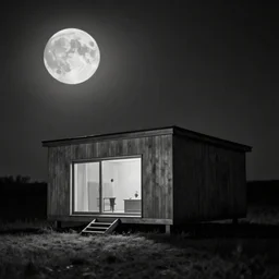 minimalistic house in the wood, big moon, artwork by Rene Magritte, night, pinhole analogue photo quality, monochrome, blur, unfocus, cinematic, 35mm