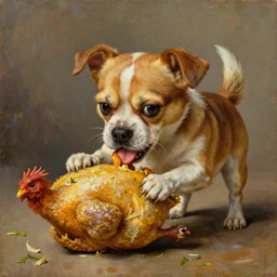tiny angry dog eats whole chicken, oil painting, highly detailed, by leonardo da vinci