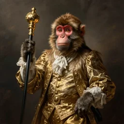 18th century portrait depicting a macaque aristocrat with a scepter, dynamic lighting, soft shadows