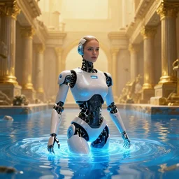 mila kunis as a robot wading through blue glowing water, 2 0 0 mm focal length, epic vista of old ruins, golden hour sun - rays, firefly wisps, steve hanks, charlie bowater, steve henderson, justin gerard, mark keathley, victor nizovtsev, ross tran, wlop, hajime sorayama