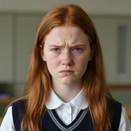 colorful, beautiful portrait of a thin adolescent white woman with round face wearing a school uniform, 1 6 yo, annoyed look, acne, uneven skintone, dry skin, redhead, center parting, straight hair, in the morning, ambient light, sigma 8 5 mm, nikon 5 0 mm f / 1. 8 g, by lee jeffries