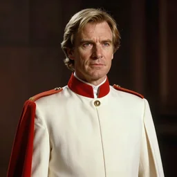portrait of a man by greg rutkowski, he looks like charles dance, star wars expanded universe, he is about 7 0 years old, wearing white and red chancellor clothes of the galactic triunvirate.