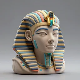 a claymodel of a cyberpunk egyptian futuristic robot head, top of the head is made of multicolored glowing tubes, eyes are multicolored led screen, 8 k, front shot, symetrical, flourescent colors, halluzinogenic, multicolored, insanely detailed, 3 d render, octane