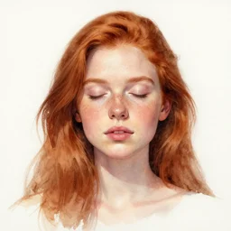 portrait of a young ginger woman, closing her eyes, aquarelle, realistic painting, freckles, 1 / 4 headshot