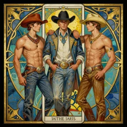 a beautiful painting of gay cowboys, art deco, art nouveau, tarot style, trending on artstation