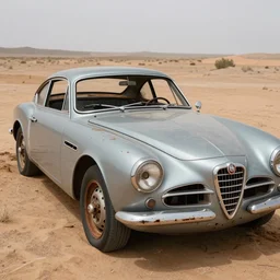 a wrecked 1 9 6 8 alfa romeo 3 3 stradale, abandoned in a desert, dusty, damaged, some rust