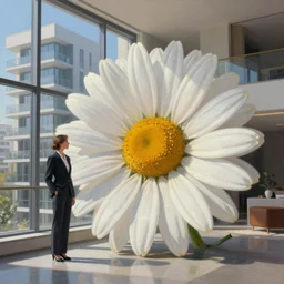 giant daisy flower head, woman with a suit, standing next to modern window in luxury apartment, surreal photography, sunlight, impressionist painting, digital painting, artstation, simon stalenhag