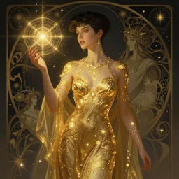 a beautiful cinematic female sand goddess, golden dress, glow golden tatto, galatic shamen with Quantum energy fantasy, fantasy magic, undercut hairstyle, dark light night, intricate, elegant, sharp focus, illustration, highly detailed, digital painting, concept art, matte, art by WLOP and Artgerm and Greg Rutkowski and Alphonse Mucha, masterpiece