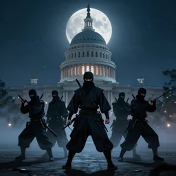 “ a cyber ninja clan heist on capitol hill at night, moving stealthily and undetectable by secret agents, shinobi ninja style, symmetric mystical full moon, misty night, art direction by akira kurosawa, photo realistic, hyper detailed, 8 k resolution ”