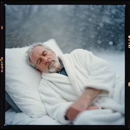 kodak portra 4 0 0, wetplate, dynamic, motion blur, award - winning portrait by britt marling of a sleepwalking old man in bathrobe during a blizzard, snowflakes,