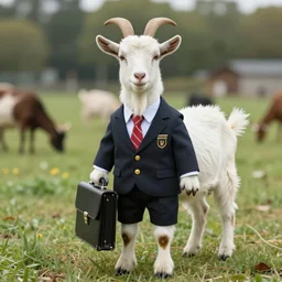 an goat wearing a fancy suit and holding an briefcase in a goatfield