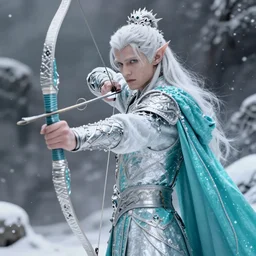 an epic concept art of a handsome snow elf in a turquoise cape and glittering silver ornate armour stringing a bow, albino skin, winter vibes, evocative dramatic mood, intricate, elegant, by tomasz alen kopera, sharp focus, octane render, unreal 5, trending on artstation