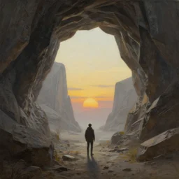 lone wanderer in a highly detailed cinematic cave entrance in a scifi landscape by feng zhu, wayne barlowe, perfect geometry, hyper - detailed, sharp, beautiful, desaturated, beautiful lighting, oil on canvas, sunset