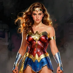 emma watson as wonder woman wearing royal mantle illustration splash art by alex gross by alex ross by Greg Land by J. Howard Miller digital painting comic book superheroes