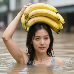 closeup portrait of a woman carrying a bunch of bananas over her head in a flood in Rundle Mall in Adelaide in South Australia, photograph, natural light, sharp, detailed face, magazine, press, photo, Steve McCurry, David Lazar, Canon, Nikon, focus