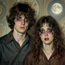 two handsome but creepy young people in layers of fear, with haunted eyes and curly hair, 1 9 7 0 s, seventies, wallpaper, a little blood, moonlight showing injuries, delicate embellishments, painterly, offset printing technique, by coby whitmore, jules bastien - lepage