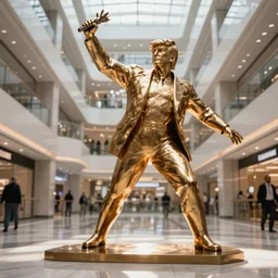 heroic steel statue of Donald Trump saving the worl, in a mall