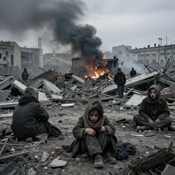 ukraine after nuclear war, beggars hungry scary bums and devastation