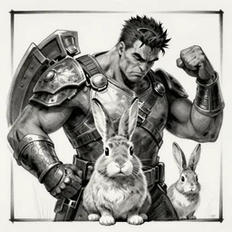 rabbit!!! jim lee!!! medium shot!! flat grayscale ink sketch by jim lee close up in the style of jim lee, depressed dramatic bicep pose, swat soldier armor borderlands hulk rabbit animal looks at the camera by jim lee