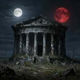 an ancient crumbling overgrown temple, a moonlit steppe, ((in the style of shadow of the colossus)), by tyler edlin, by caspar david friedrich, blood moon, 💀, matte painting
