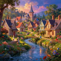 photorealistic victorian village in the style of thomas kinkade and tim white. hyperdetailed photorealism, 1 0 8 megapixels, river, amazing depth, glowing rich colors, powerful imagery, psychedelic overtones, 3 d finalrender, 3 d shading, cinematic lighting, artstation concept art
