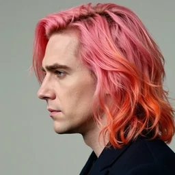 close - up, side profile portrait of gal godot as doctor manhattan in the 2 0 0 9 film adaptation of watchmen, with big wavy pink and orange hair.