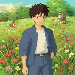 flower field, attractive male, in the style of studio ghibli, j. c. leyendecker, greg rutkowski, gaston bussiere