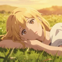 anime art, anime key visual of elegant young female, blonde hair and large eyes, finely detailed perfect face, laying down in the grass at sunset, golden hour sunset lighting, background blur bokeh!!, trending on pixiv fanbox, studio ghibli, extremely high quality artwork - t