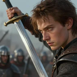 masterpiece artwork of a warrior with hazel eyes and brown hair in his twenties with his sword raised, staring down the enemy by Greg Rutkowski, 4k, masterpiece, cinematic