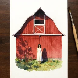 a young woman in!! the shadow! of a red barn!. black hair, white! dress. small centered on watercolor paper, paint brush strokes,, cinematic light, american romanticism by hans dahl, by jesper ejsing, by anders zorn, by greg rutkowski, by greg manchess, by tyler edlin