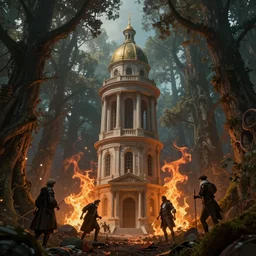 a neoclassical tower with dome on a magical mystical forest. by artstation trending, by joseph mallord william turner, luis royo, konstantin razumov, cinematic lighting, fractal flame, highly detailed