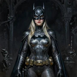 a striking hyper real painting of Elle Fanning as batgirl, dark, metal, occult, by Francisco Goya