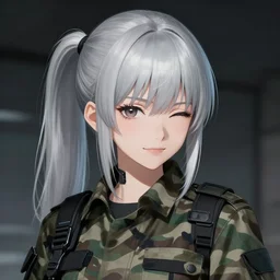girl, silver hair (ponytail), ((winking)), multicam (camo), trending on artstation, detailed, cinematic portrait, ilustration by Takehiko Inoue ((((and Yoann Lossel))))