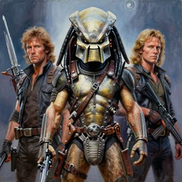 ! dream a painting of the cast of the film predator ( 1 9 8 7 ), a fine art painting by ron walotsky, trending on deviantart, neo - primitivism, movie poster, poster art, sci - fi