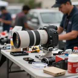 photo of a cluttered table at a garage sale, highly detailed, high quality, HD, 4k, 8k, Canon 300mm, professional photographer, 40mp, lifelike, top-rated, award winning, realistic, sharp, no blur, edited, corrected, trending