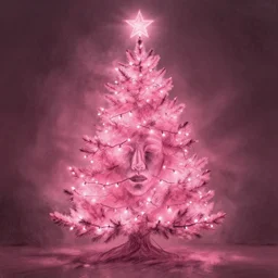pink christmas tree lights creating a human face, sketch illustration, soft glow, dappled light, portrait art, backlit, indie studio, fantasy, rim lighting, intense, powerful, emotional, powerful, epic composition, noise, texture, rule of thirds, dappled light,