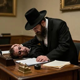 a photograph photo of a rabbi bent over at his desk, dead and twisted by a curse