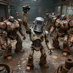 a realistic crazy robot wearing a welding helmet, welding helmet head, a welding helmet for a head, one fist raised high in triumph, raised fist, standing in front of many large robots inside a huge rusty dingy warehouse, army of big robots, rusty, raygun gothic, atomic punk, digital art, detailed render, high angle