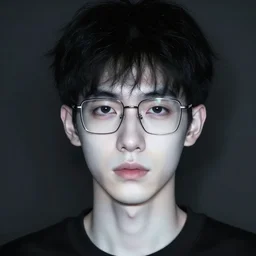 a man in his mid twenties with thin square glasses, skin fade black hair, pale white skin