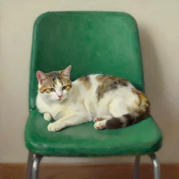 a lonely cat laying on a green chair, oil painting