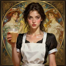 an beautiful waitress with short sleeves holding coffee, sweaty skin, wet hair, perfectly-centered-Portrait of a most beautiful woman it the world, intricate, highly detailed, digital painting, artstation, concept art, smooth, sharp focus, illustration, Unreal Engine 5, 8K, art by artgerm and greg rutkowski and alphonse mucha