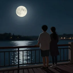 a couple watching the moon on a bridge, painting, digital art, harsh lighting