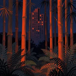 bamboo forest with ferns by, mads berg, karolis strautniekas, film noir, stippled light, dramatic lighting, editorial illustration, detailed, fine texture, matte print, art deco, brutalism, dark blue + dark orange, red, black, ( ( habitat 6 7 background ) )