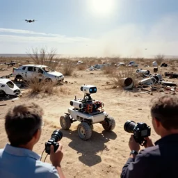 a first person view of scientists looking at a malfunctioning boston dynamics wheeled robot, scrap yards of drones, abandoned big high - tech contraptions scattered around, dried up bushes, dust bowl, heatwave, blinding sun, dust storm and drones in the horizon, reporter, live footage, canon 3 5 mm lens, ektachrome color photo