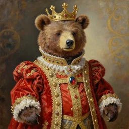 the royal king's bear by greg hildebrant lisa frank fancy rococo baroque regal bearine oil painting high quality award winning clothed in fancy garb