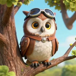 hyperrealistic 3 d owl dressed as a pilot, funny facial expression, in a tree by beatrix potter