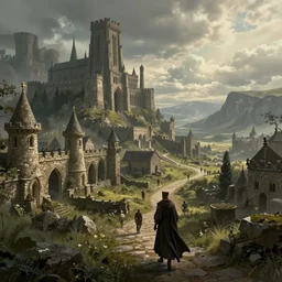 beautiful medieval scenery by james paick, masterpiece, concept art, detailed, atmospheric, cinematic