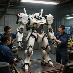 An AS7-D Atlas Assault Mech being worked on by technicians in a mech bay, Battletech, by Greg Rutkowski, sharp lighting, 4k, detailed