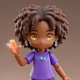 black girl african american nendoroid, hazel levesque, teen black girl with curly brown hair and golden amber eyes wearing purple t shirt, african american, with gemstones and magic powers, by loish, african american girl, dark brown skin